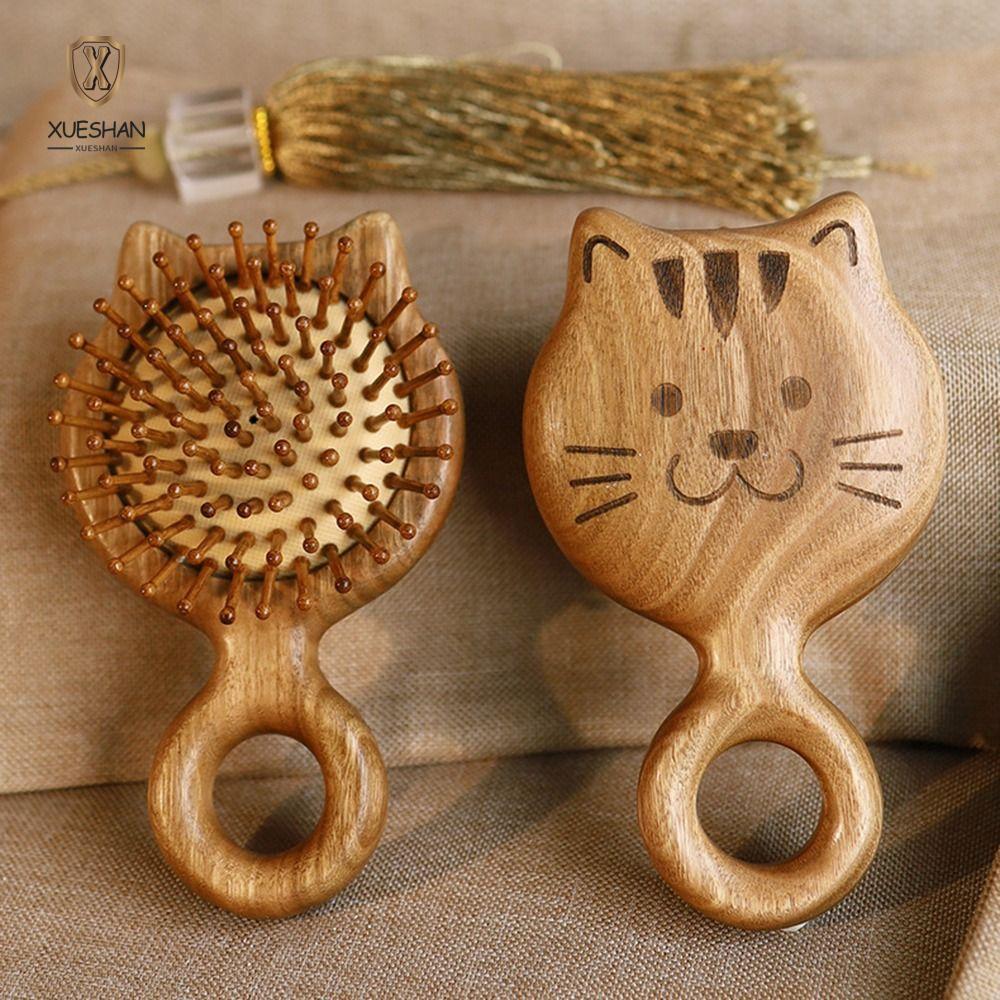 XUESHAN หวีผมไม้จันทน์, หวีผมไม้จันทน์ไม้, หวีนวดรูปแมวป้องกันไฟฟ้าสถิตย์น่ารัก