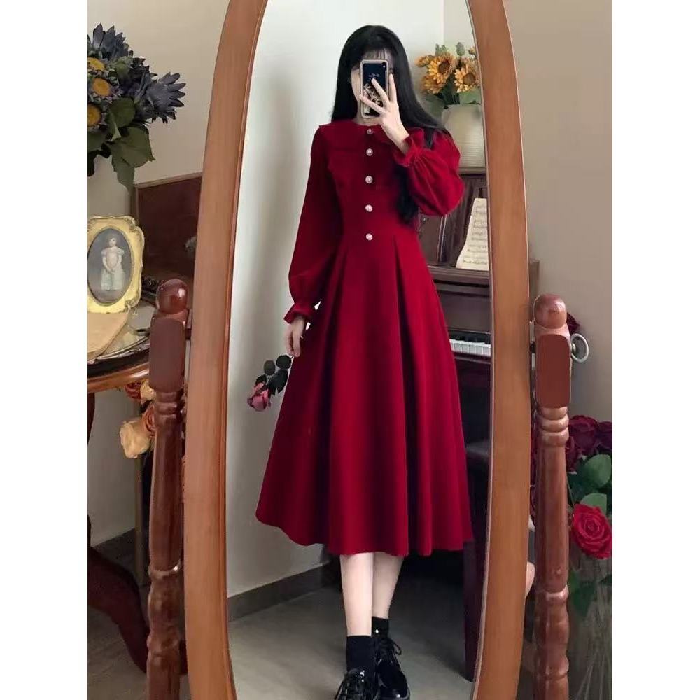 สีแดง ผู้หญิง เดรสยาว แขนยาว น่ารัก หรู - วินเทจ แฟชั่น สบายๆ ใส่สบาย เดรสคริสต์มาส prom dress ออกงาน