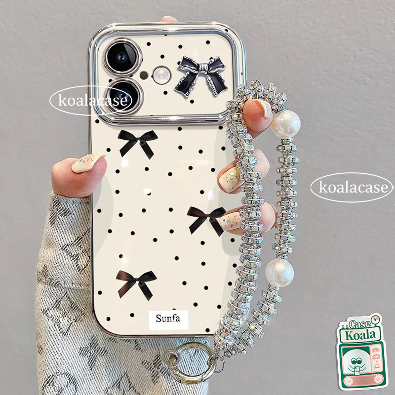 สำหรับ IPhone 11 16 15 17 Air 13 12 14 Pro Max 7 8 16 15 14 Plus XR X XS Max กล่องริบบิ้นโบว์จุดดำหน้าต่างบานใหญ่