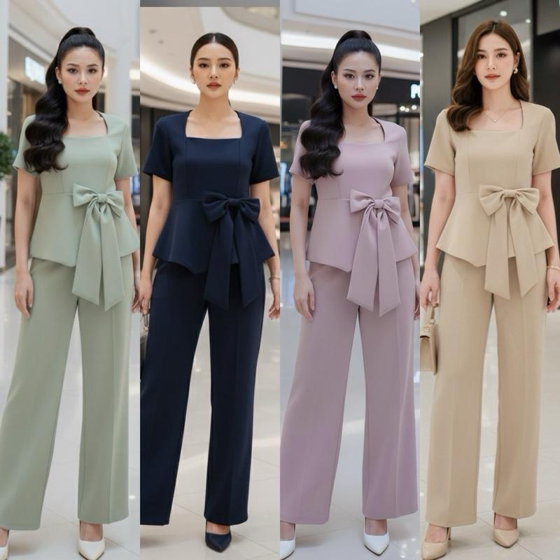 Burave Set AN308 ชุดเซตคอเหลี่ยมโบว์มาพร้อมกางเกงขายาวขากระบอกใหญ่ ลุคผู้ดีดูแพง