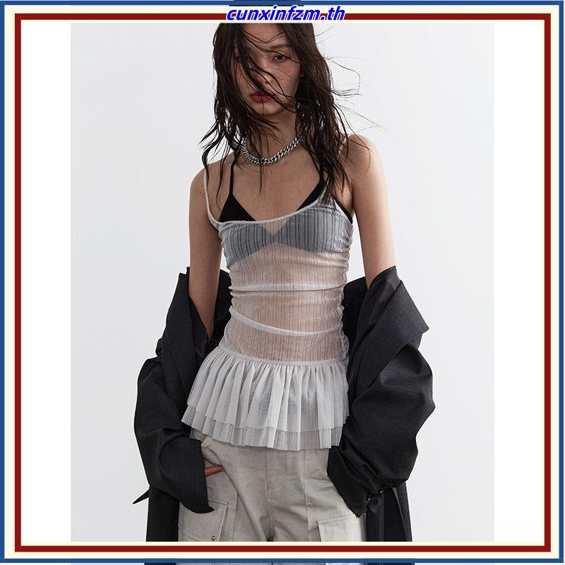 Moodie - เสื้อโนรา | เสื้อกล้ามบานยาวตาข่ายซีทรูพร้อมซับด้านใน