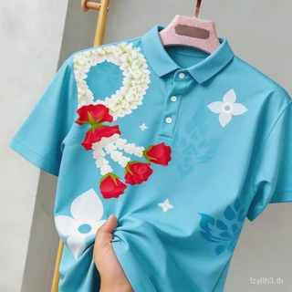 เสื้อโปโลพิมพ์ลายดอกไม้สีฟ้าสําหรับผู้หญิงที่สวยงามและง่ายต่อการสวมใส่ของขวัญวันแม่สีฟ้าดอกไม้พิมพ์คอลเลกชัน