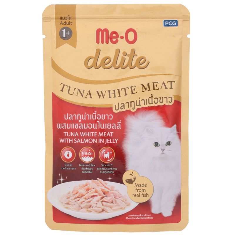 มีโอดีไลท์อาหารแมวปลาทูน่าเนื้อขาวผสมแซลมอนในเยลลี่ 70กรัม Meo Delite Tuna salmon 70g [หมายเลขบาร์โค้ด 8850477006591 ]