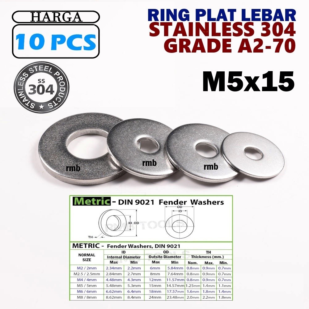 SS 304 / แหวนจานกว้าง M5x15 สแตนเลส A2-70 DIN 9021 / เครื่องซักผ้าแบนกว้าง SUS RPSS05 M5