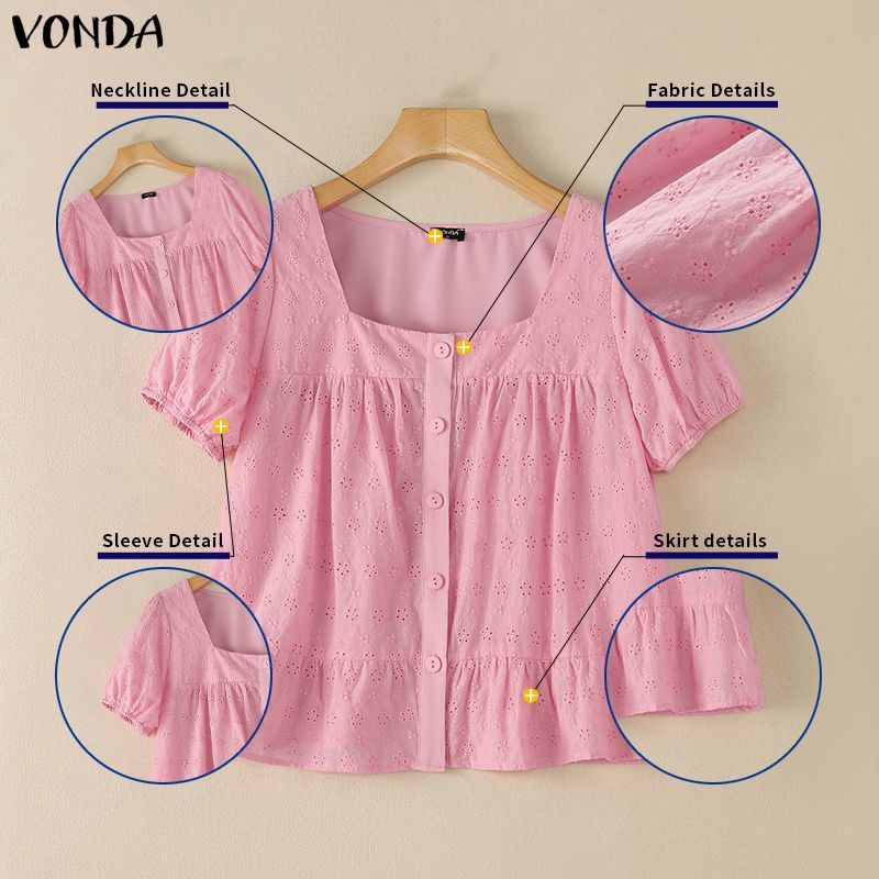 VONDA ผู้หญิงเกาหลีหวานรีสอร์ทสไตล์สแควร์คอพัฟแขน Single-Breasted Hollow Lace Ruffles Hem เสื้อ — صورة 7