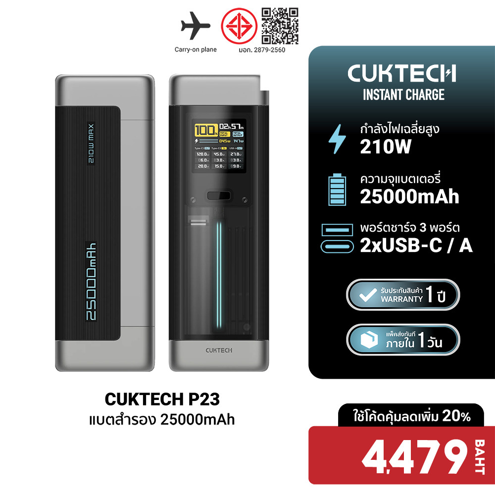 [ลดเหลือ 4479] CUKTECH P23 Powerbank แบตสำรอง 25000mAh CCC / CE จ่ายไฟรวมกันสูงถึง 210W พอร์ตเดียวแรงสุด 140W -1Y
