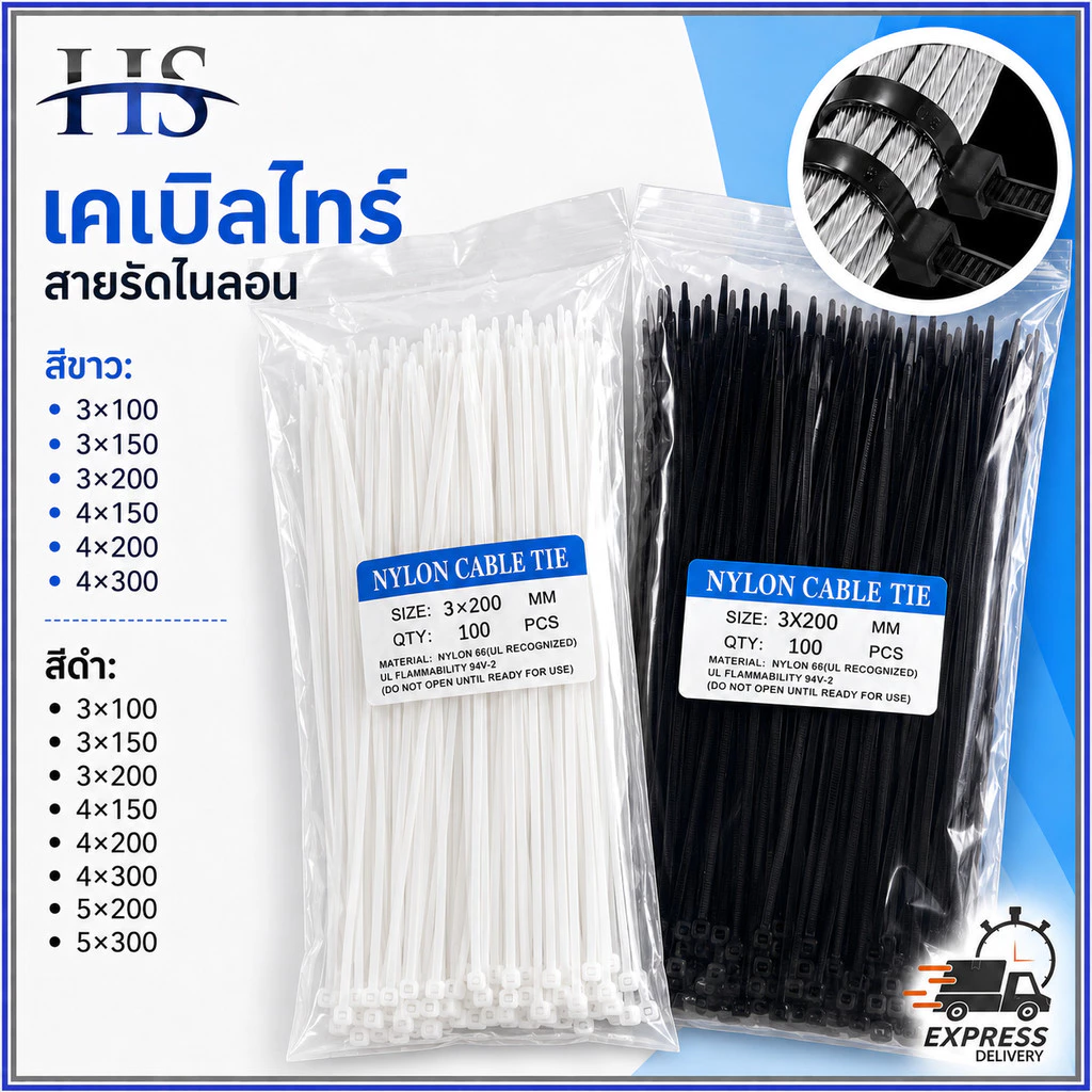เคเบิ้ลไทร์ Cable Tie 100เส้น 4/6/8/12นิ้ว สีขาวดำ สายรัดไนล่อน หนวดกุ้ง สายรัดสายไฟ ล็อคแน่นไม่หลุด