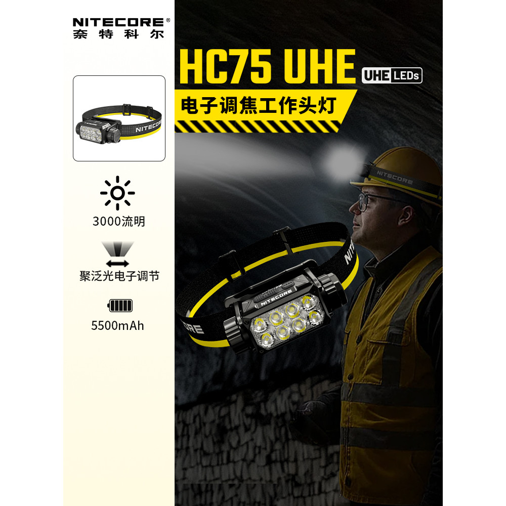 NITECORE NITECORE HC75 UHE ไฟหน้าทํางานกลางแจ้งรูปแบบใหม่แสงที่แข็งแกร่งไฟหน้าโฟกัสอิเล็กทรอนิกส์ที่