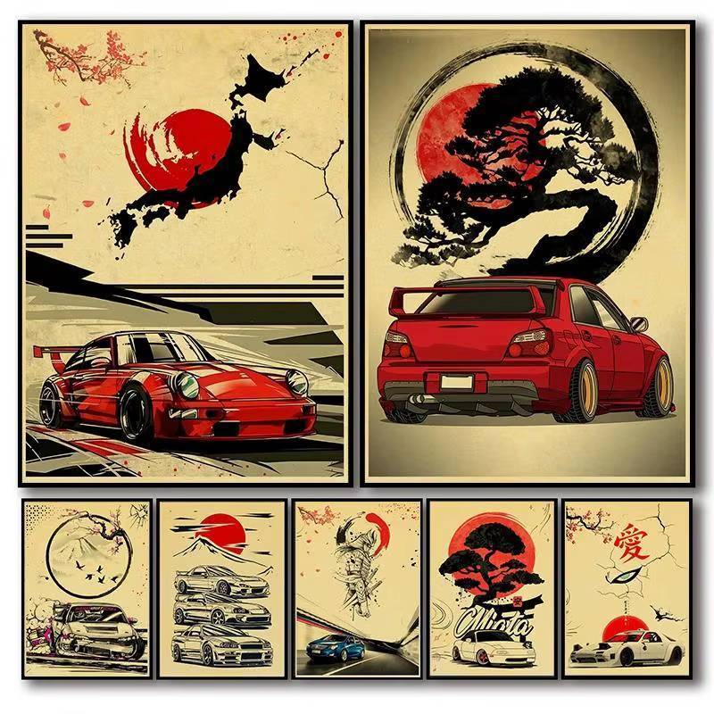 Vintage รถญี่ปุ่น Samurai JDM GTR Racing อะนิเมะ Moon Retro โปสเตอร์ไม่มีกรอบ HD ผ้าใบ Wall Art ภาพวาดโรงรถตกแต่งบ้านสํานักงาน