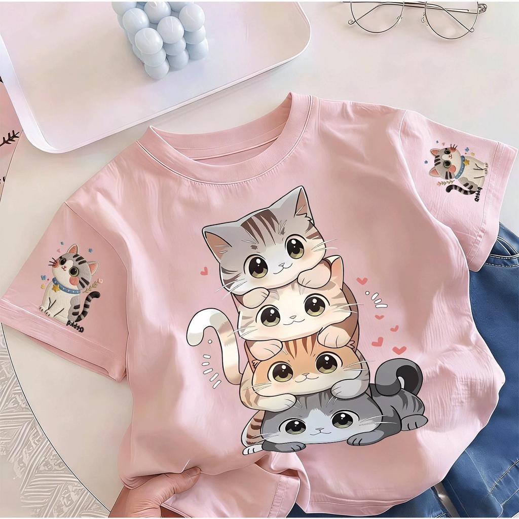 Pebbi Baby เสื้อยืดเด็กฤดูร้อนรุ่นใหม่ ลายแมวเหมียวซ้อนกัน น่ารัก ผ้าฝ้ายแท้100% นุ่มสบาย เสื้อแขนสั้นเด็กผู้หญิง สไตล์เ