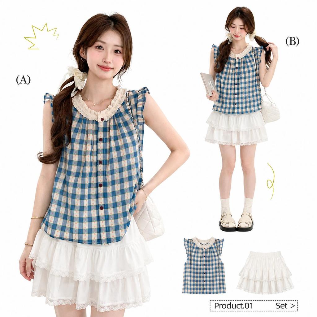 Chili Koko เสื้อแขนกุดลายสก็อตสไตล์ญี่ปุ่นน่ารักสำหรับผู้หญิง สไตล์ใหม่สำหรับฤดูร้อน คอปกปีเตอร์แพนระบาย 99508