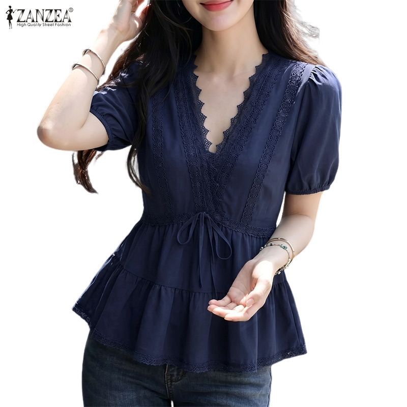 ZANZEA ผู้หญิงเกาหลีอ่อนโยนหวาน V คอพัฟแขน Tie-Up Bows Lace Splicing A-Line เสื้อเบลาส์