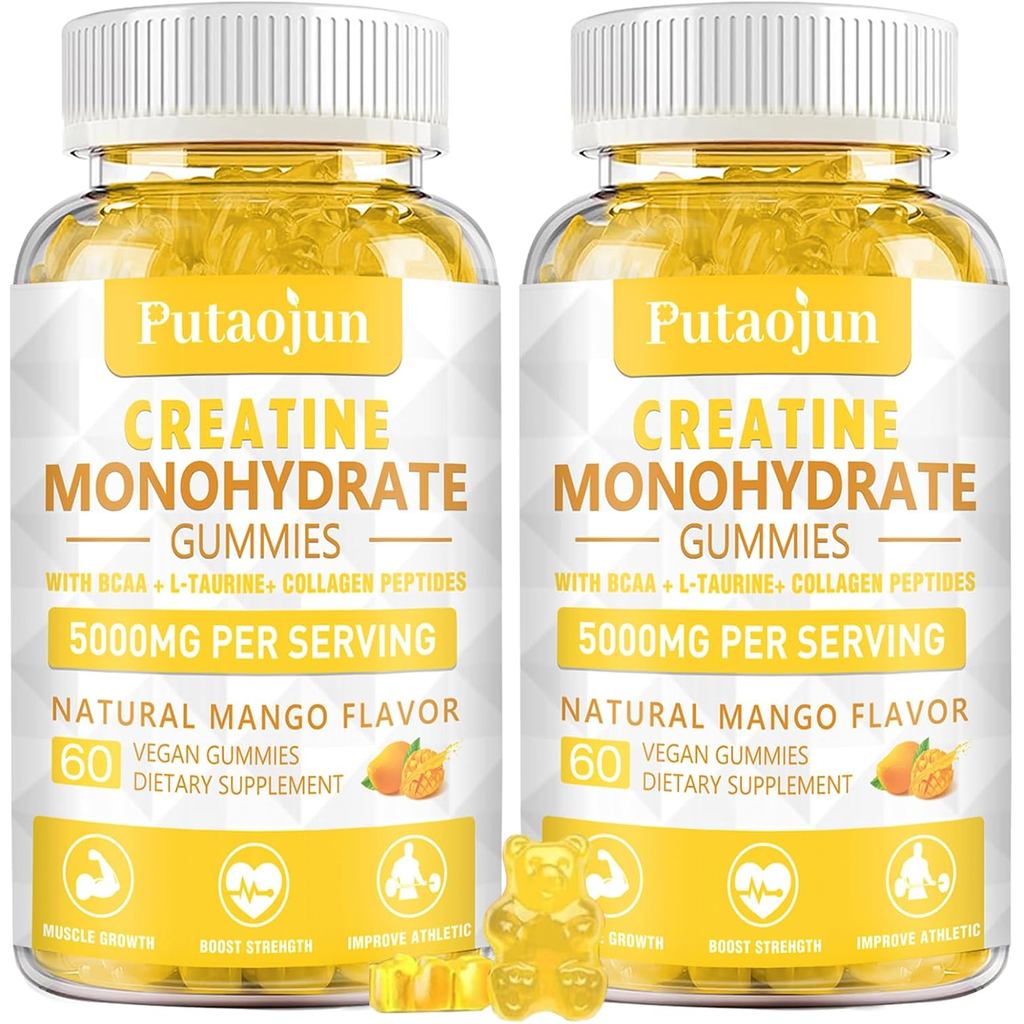 Creatine Monohydrate มีวิตามิน D3 และ B12 | คอลลาเจนไฮโดรไลซ์ปราศจากน้ําตาลและครีทีนกัมมี่ | 120 แคป