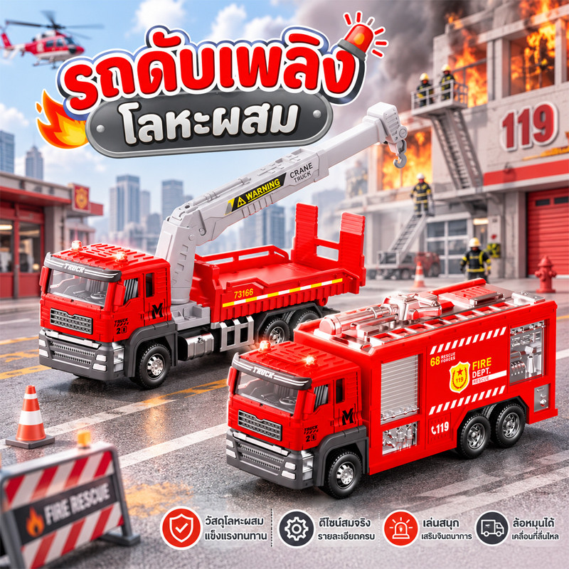 รถดับเพลิงโลหะผสม รถของเล่นวิศวกรรม เคลื่อนที่ด้วยแรงเฉื่อย ของเล่นเสริมพัฒนาการ ของขวัญสำหรับเด็กผู้ชาย