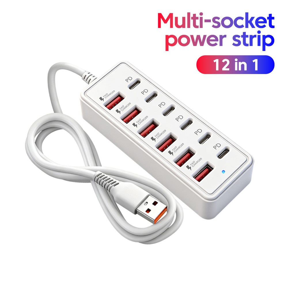 12 IN 1 USB Charger Station 6 USB-A + 6 USB-C Fast Charger หลายพอร์ต Power Strip อะแดปเตอร์ซ็อกเก็ตสาย HUB สําหรับ Home Office