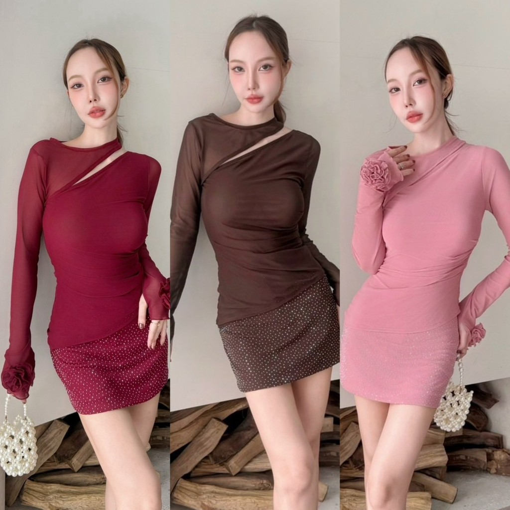 S68 -ชุดเซ็ต 2 ชิ้น เสื้อซีทรูมีซับแต่งดอกไม้ แมทกระโปรงแต่งเพชร