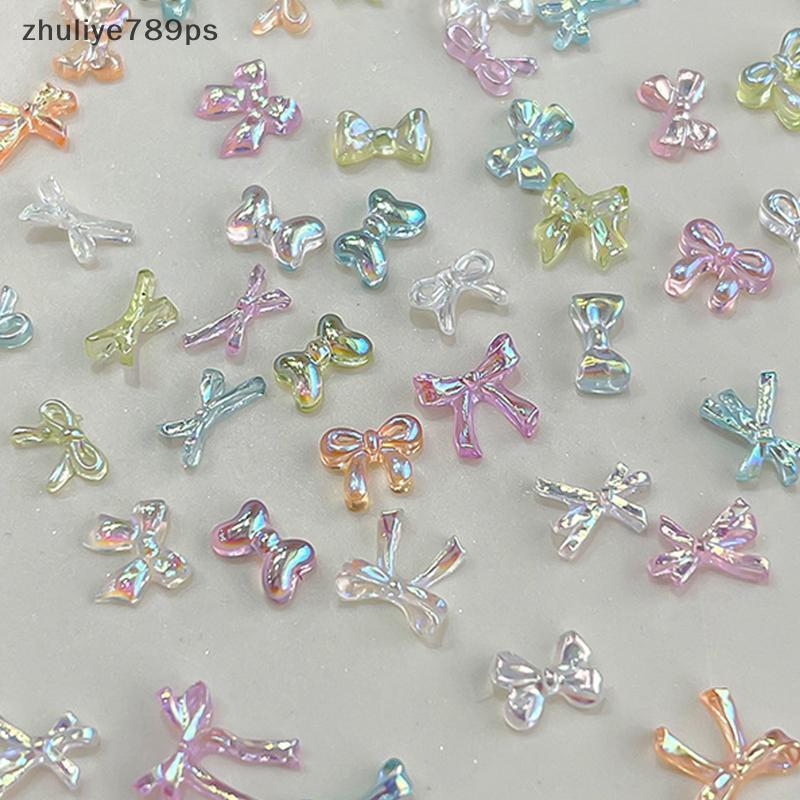 Zhuliye789ps] 50 ชิ้นที่มีสีสันโบว์เล็บอุปกรณ์เสริมภาพลวงตา AB สีเรซิ่นริบบิ้นโบว์แต่งเล็บตกแต่ง Cha