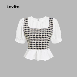 Lovito สง่างาม เสื้อเบลาส์ ผ้าแจ็คการ์ด ลายตาราง กิงแฮม สไตล์ สำหรับผู้หญิง เกาหลี อินเทรนด์ L114AD317