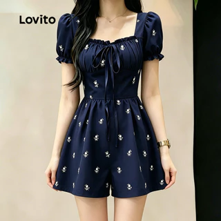 (New Arrival) Lovito จั๊มสูทลําลองสีน้ําเงินเข้ม โบว์ระบาย เหมาะสําหรับฤดูใบไม้ผลิ/ฤดูร้อนสําหรับผู้หญิง เกาหลี อินเทรนด์ LK7AD299