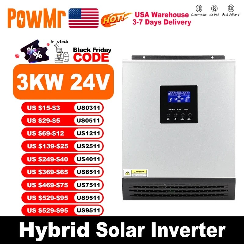 PowMr 3KW Hybrid Solar Inverter 24V ถึง 110V 120V 2400W Pure Sine Wave PWM 50A Solar Charge Controll