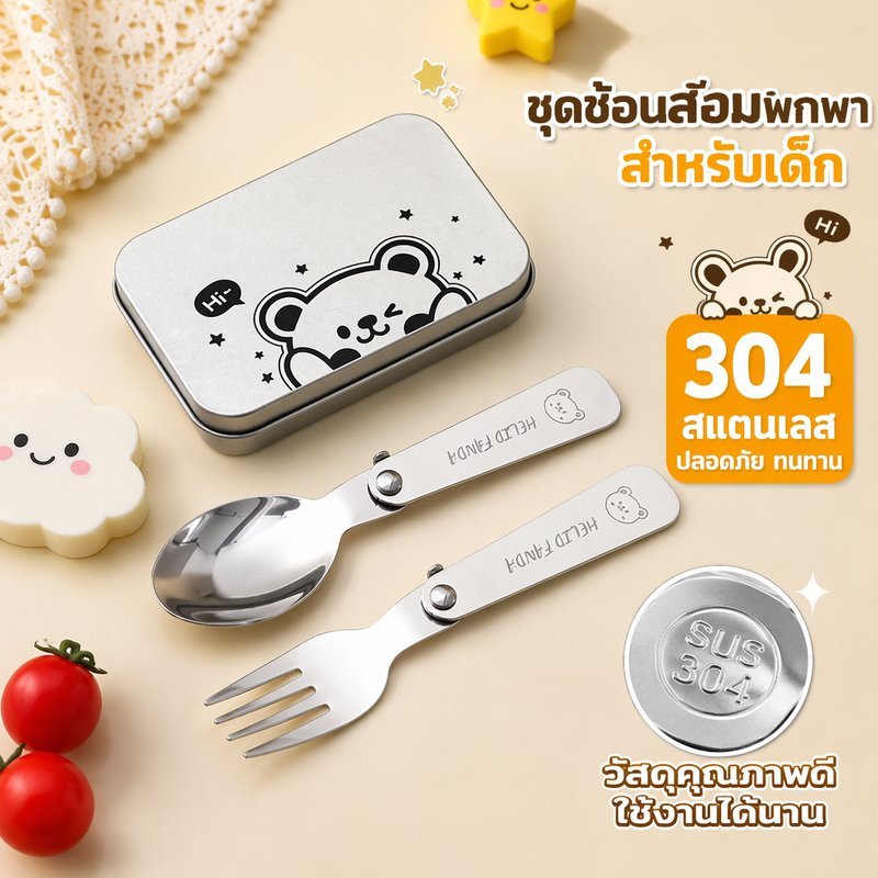 ชุดช้อนส้อมเด็ก พับได้ สแตนเลส304 พกพา พร้อมกล่องเก็บ ลายการ์ตูนน่ารัก ช้อนส้อมพกโรงเรียน