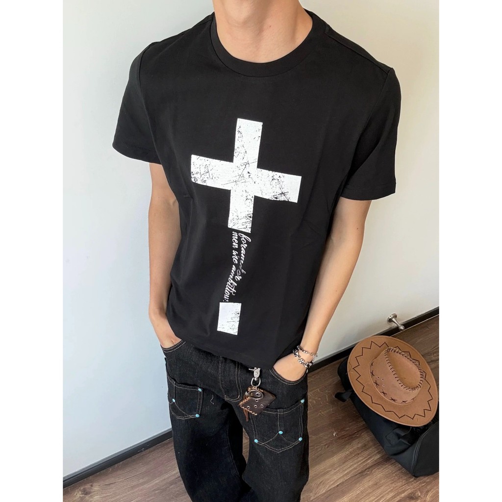 Suikone เสื้อยืดผู้ชายแขนสั้นอเมริกันย้อนยุค high street คอกลมพิมพ์สไตล์ unisex — صورة 2
