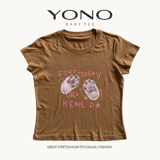 (พร้อมส่ง24ชม.) YONO baby tee สีชมพู ลายอุ้งเท้าสีเทากับดาว ทรงเข้ารูป สไตล์เกาหลี y2k