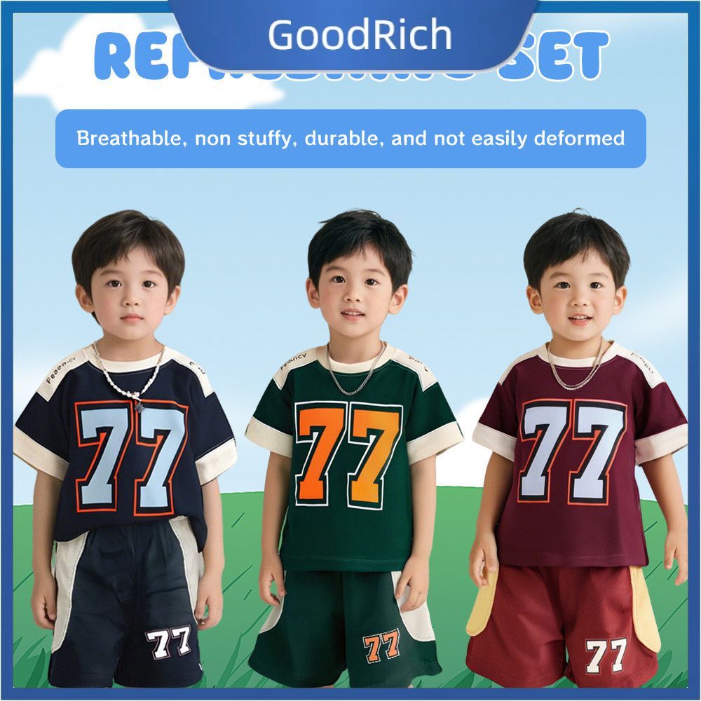 【สินค้าพร้อมส่ง】 ชุดเสื้อผ้าเด็กชายและเด็กหญิง เสื้อแขนสั้นและกางเกงขาสั้นแห้งเร็ว - ชุดกีฬาสำหรับเด็กชายและหญิง (สีเบอร์กันดี สีเขียว สีกรมท่า) 【GoodRich】