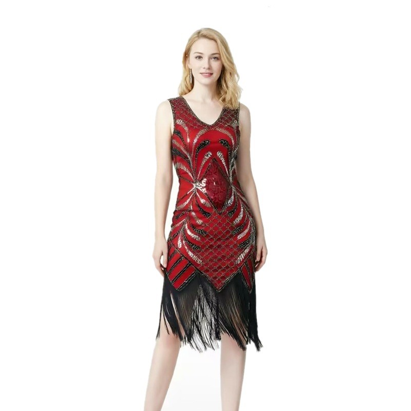 S-4XL1920S Retro Sequined Beaded กระโปรง V คอแขนกุด Dinner Party Dress Dress Dress