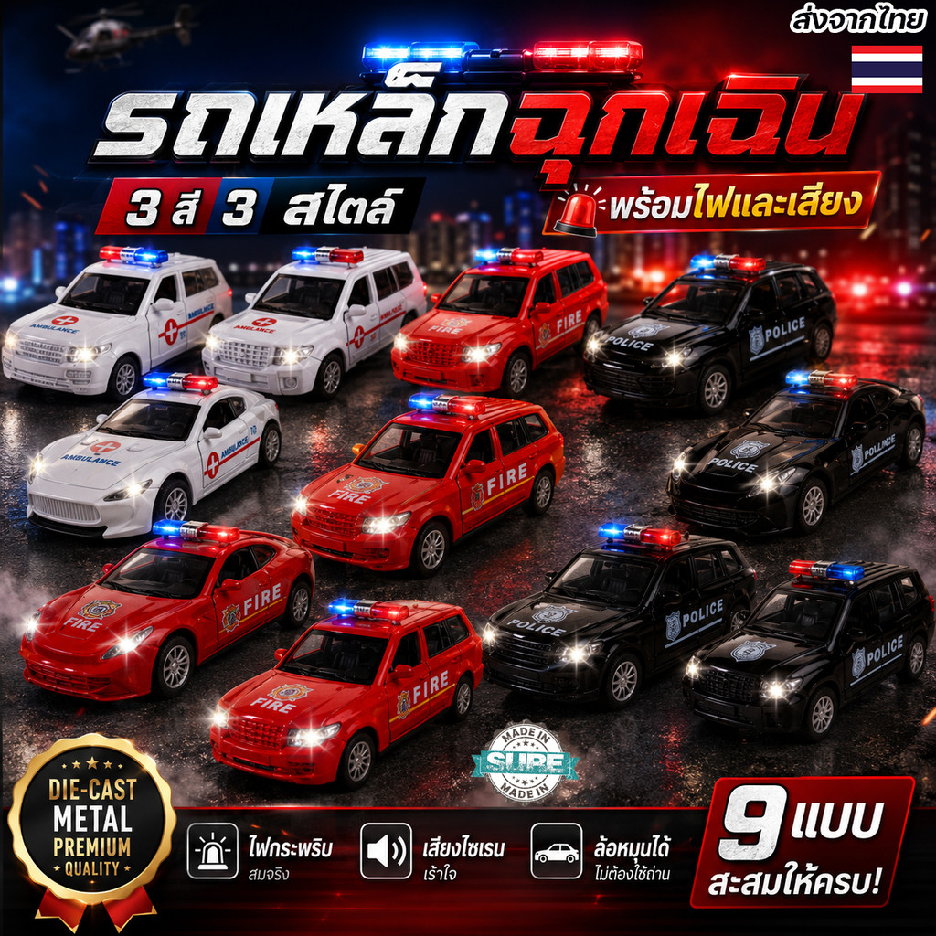 โมเดลรถ​เหล็ก​ รถมอเตอร์ไซค์ รถของเล่น มีไฟ มีเสียงไซเรน 3 เสียง เปิดประตูได้ รถตำรวจ รถพยาบาล รถดับเพลิง สเกล 1:32