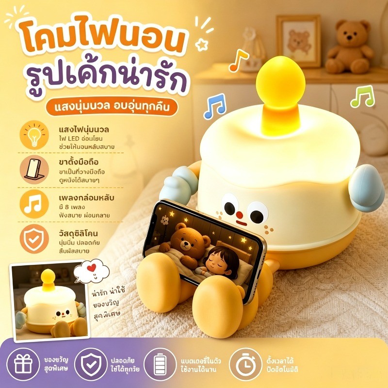โคมไฟตั้งโต๊ะซิลิโคน LED รูปเค้กวันเกิดน่ารัก ชาร์จ USB ไร้สาย ปรับความสว่างได้ 3 ระดับ เหมาะเป็นของขวัญวันเกิด