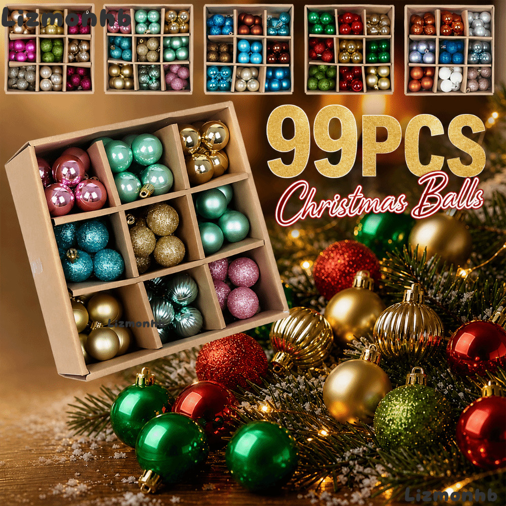 LIZMOLI 99PCS Christmas Ball Set,ผสมสี Dia.3cm ชุดเครื่องประดับคริสต์มาส,รูปแบบต่างๆ Plated Ball Sce