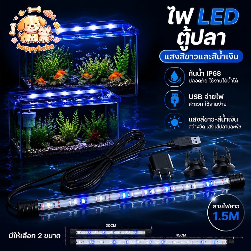 ไฟ LED ตู้ปลา กันน้ํา สปอตไลท์ หัวคู่ สีขาวฟ้า พอร์ต USB หรือ ปลั๊ก สายยาว สําหรับตู้ปลา