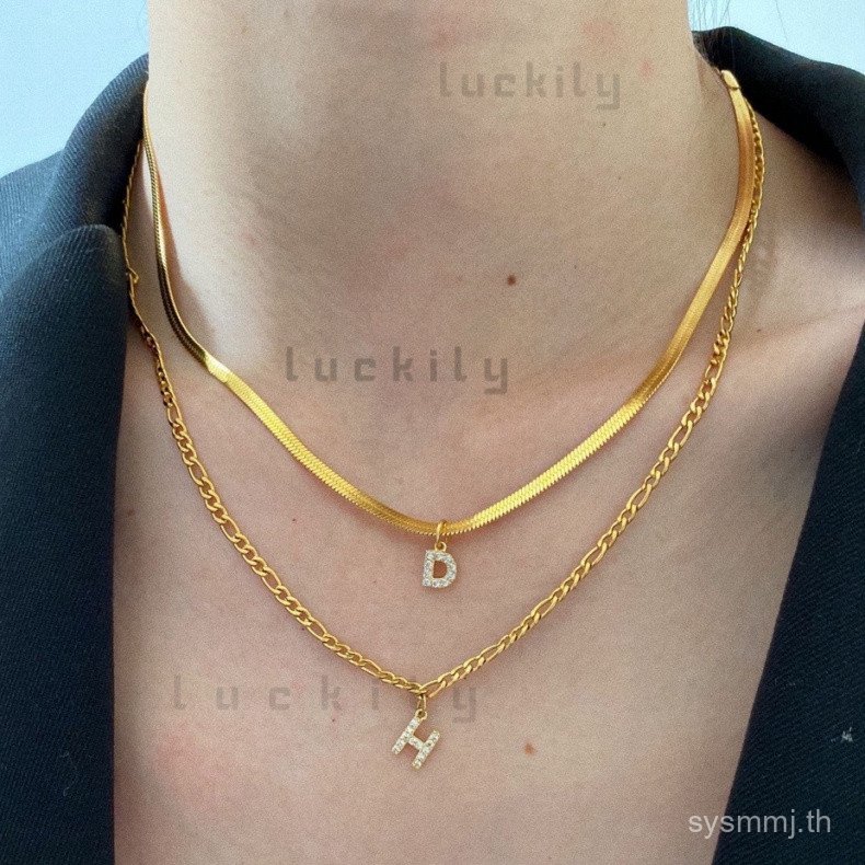 สร้อยคอโซ่สแตนเลส ชุบทอง 18K จี้ตัวอักษร AZ ประดับเพทายลูกบาศก์สองชั้น 5CSC