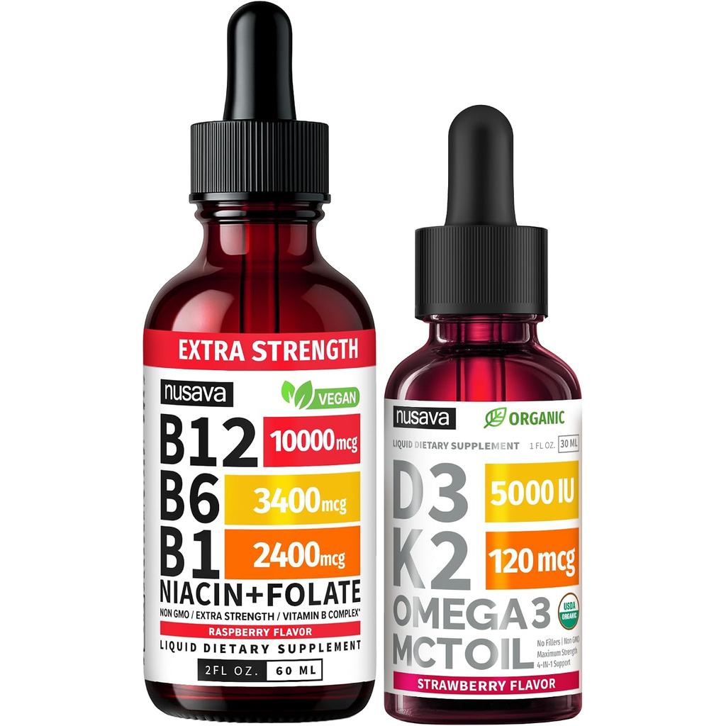 NUSAVA (2 แพ็ค) Extra Strength Liquid Vitamin B12 Sublingual Vitamin B Complex (Raspberry) - (2-Pack