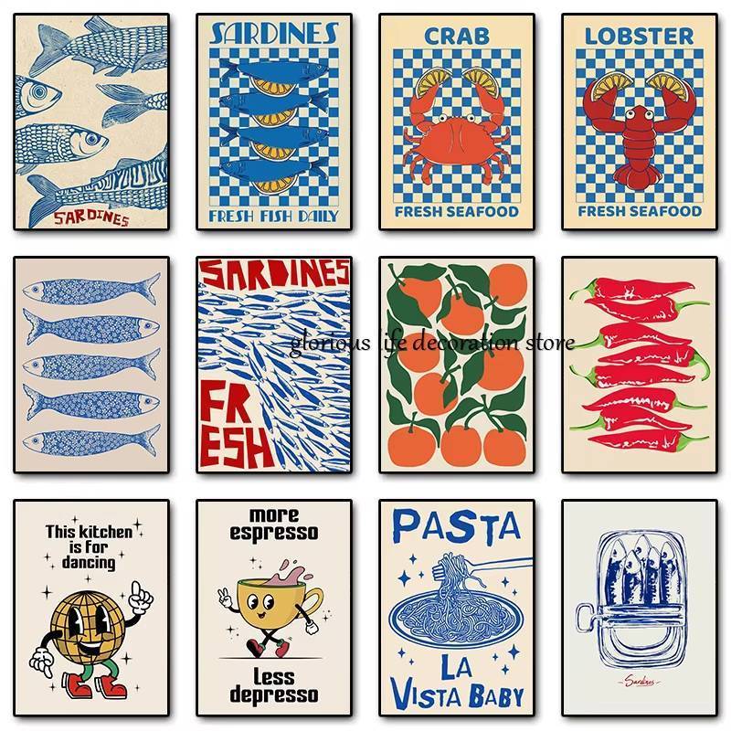 Retro Sardines Crab Lobster Poster Fish Print Canvas Painting Food Fruit Wall Art Picture for Kitche