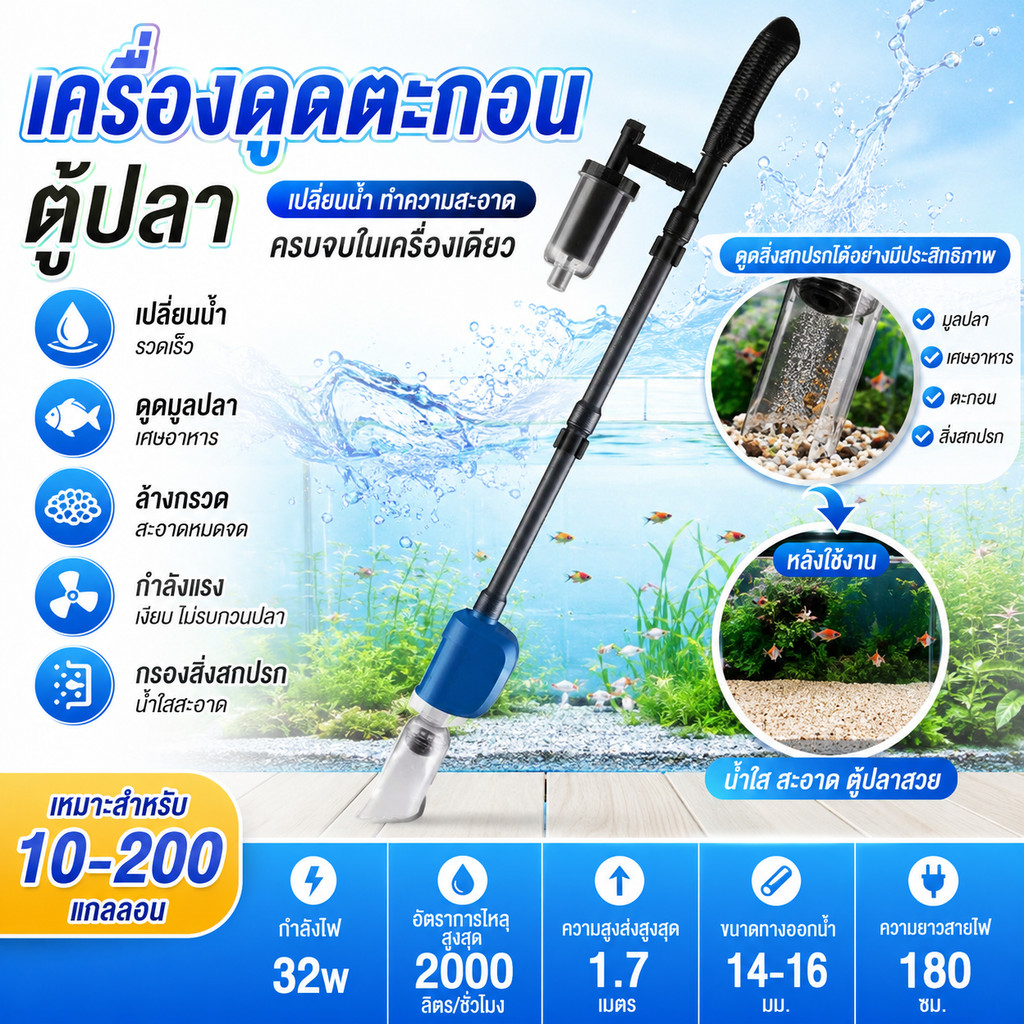 ปั๊มน้ำดูดตะกอน ของเสีย ขี้ปลา BO-058 ถ่ายน้ำ ทำความสะอาดก้นตู้ และก้นบ่อปลา อุปกรณ์ทำความสะอาดตู้ปลา