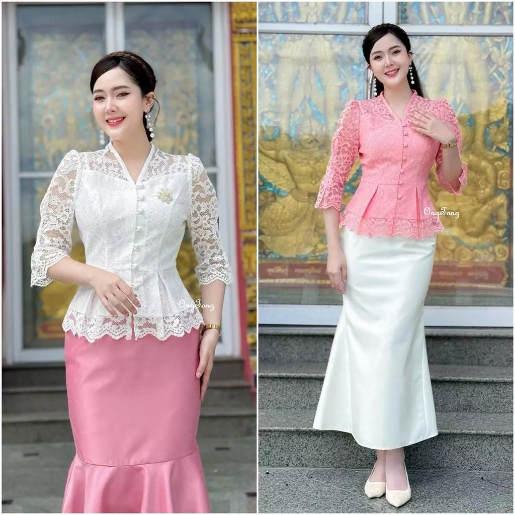 เสื้อรุ่น-Tulip ลูกไม้ดีไซน์ แขนสามส่วนจีบ กระดุมหน้าแกะได้ อัดกาว เสื้อใส่ทำบุญ เสื้อออกงาน OngTong