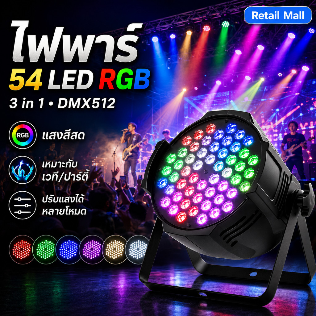ไฟพาร์ 54LED RGBแสงเวที 3in1 DMX512 ไฟพาร์ ไฟเธค ไฟดิสโก้ ไฟปาร์ตี้ Party Light เหมาะสำหรับสถานที่จัดงานเวทีต่างๆ