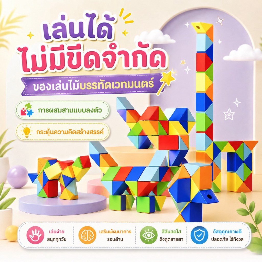 รูบิคงู Rubik's Magic Snake 24 /36 /48 Blocks ไม้บรรทัดวิเศษวาไรตี้ รูบิคงูหรรษา ของเล่นเพื่อการศึกษา บิดตามข้อต่อ