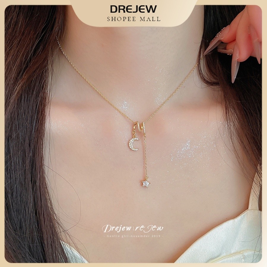 DREJEW Moon Star Zircon Y รูปร่าง Lariat สร้อยคอทองปรับ Chain Minimalist ทุกวันคอเครื่องประดับสําหรับผู้หญิง