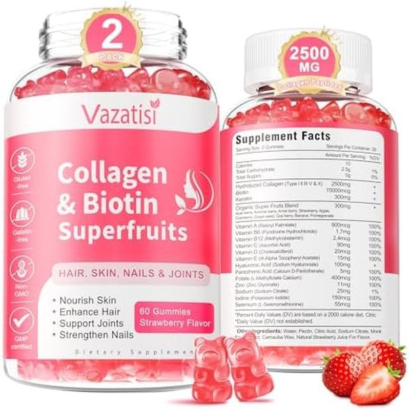 2 แพ็คปราศจากน้ําตาลคอลลาเจน Gummies สําหรับผู้หญิงผู้ชาย,หลายคอลลาเจนเปปไทด์ Gummies ประเภท I II II