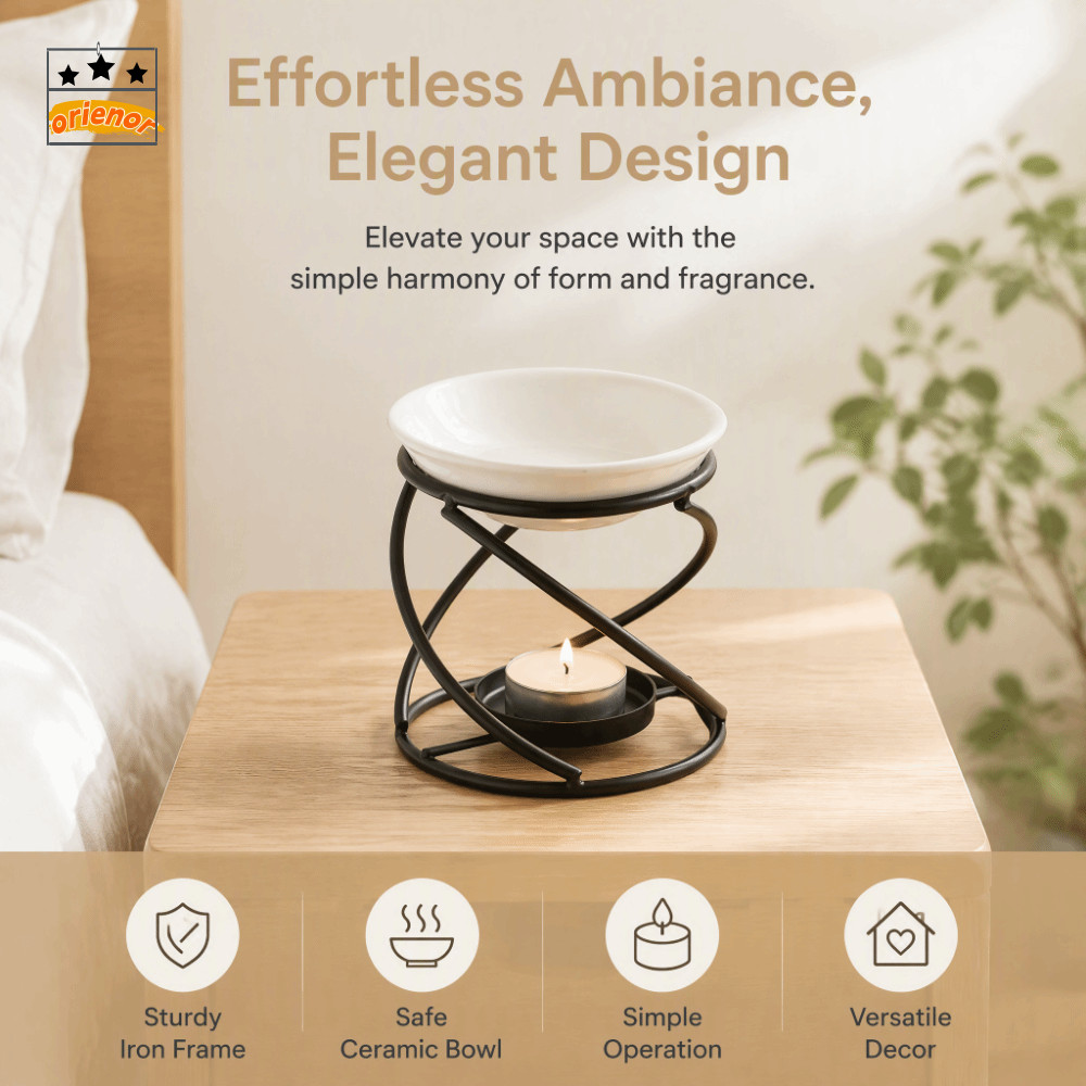 ORIENOR Wax Melt Warmer, โลหะ 3.94x3.86in Essential Oil Burner, เซรามิคชามรวมสไตล์อุตสาหกรรมออกแบบ F