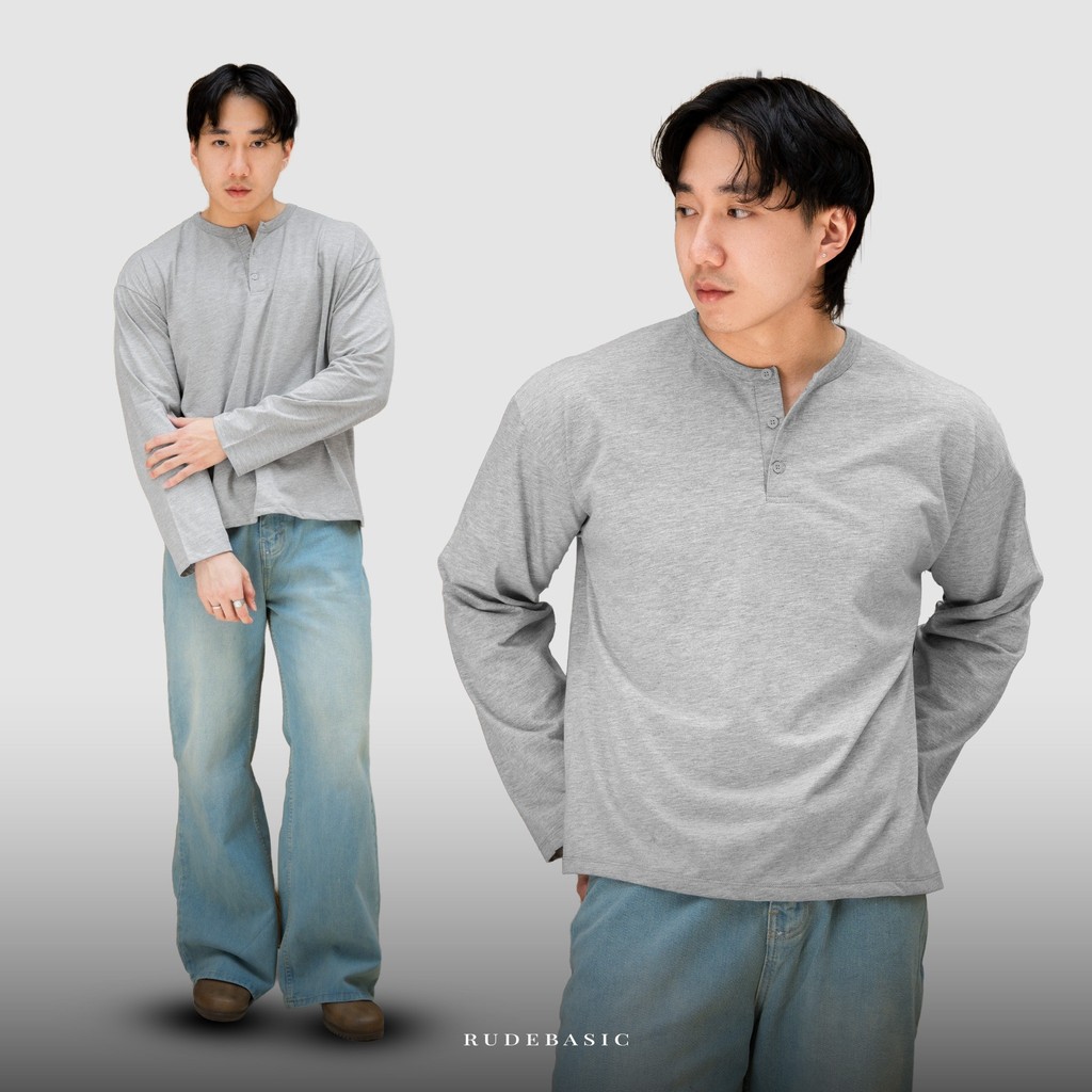 RUDEBASIC - Misty Grey Harvei Longsleeves Henley | สําลีน้ําหนักเบา | Henley สําหรับผู้ชาย | Henley 