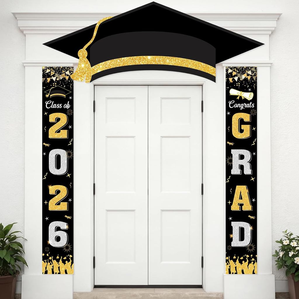 Panelee 3 ชิ้น Class of 2026 ตกแต่งรับปริญญา, 2026 Grad หมวกแบนเนอร์สําเร็จการศึกษา Porch ประตูป้ายแ