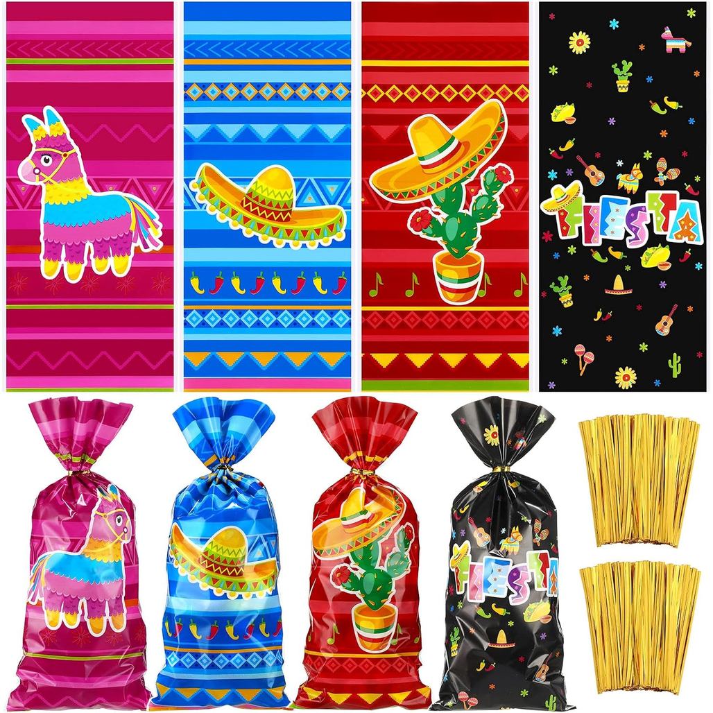 Eaasty 120 ชิ้นเม็กซิกัน Fiesta Cellophane รักษากระเป๋าเม็กซิกันถุงขนม Cinco De Mayo Goody กระสอบ Fi