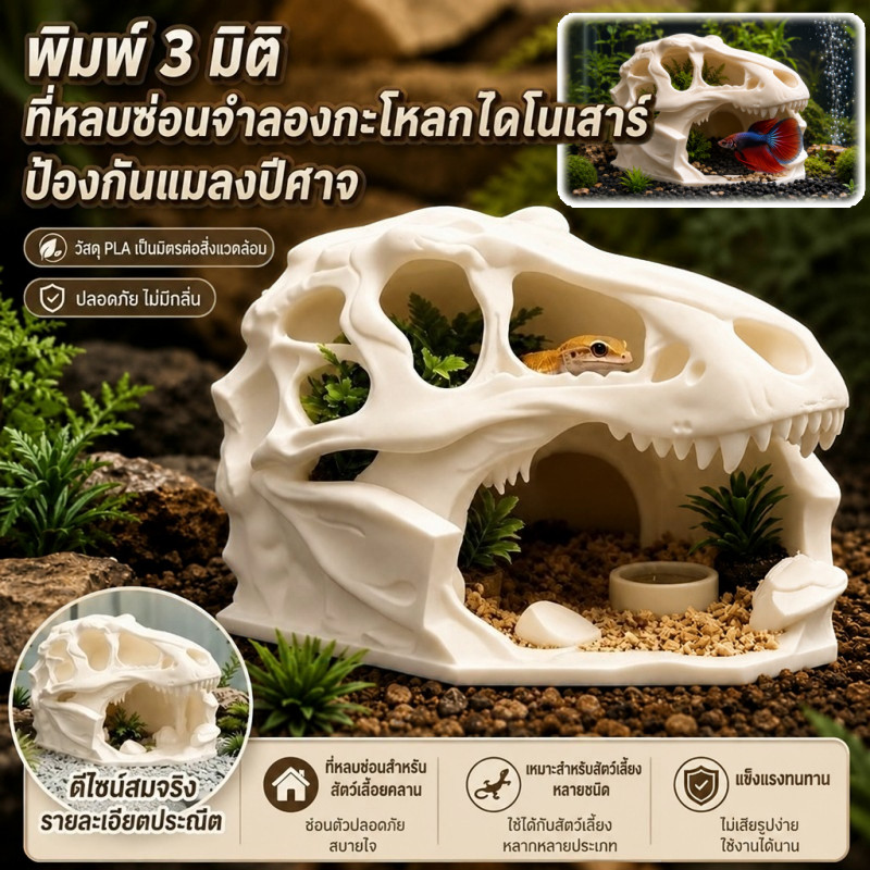 ที่หลบซ่อนสัตว์เลื้อยคลาน กะโหลกไดโนเสาร์ทีเร็กซ์ 3D พิมพ์สามมิติ ของแต่งตู้เลี้ยง กิ้งก่า ตุ๊กแก งู ตู้ปลา
