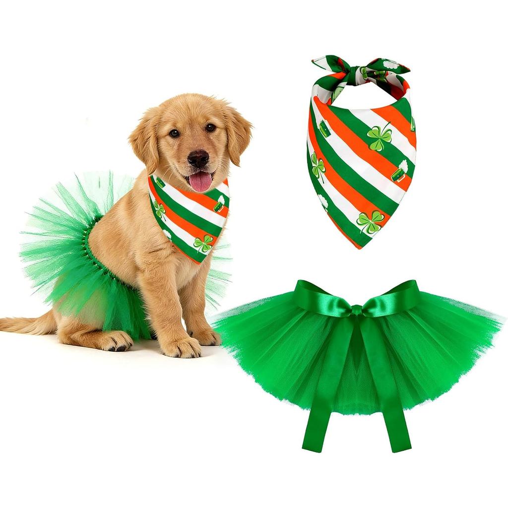 2 ชิ้น St Patricks Day Dog Costume Set - Green Dog Tutu Skirt & Shamrock Bandana, ชุดสัตว์เลี้ยงสําห