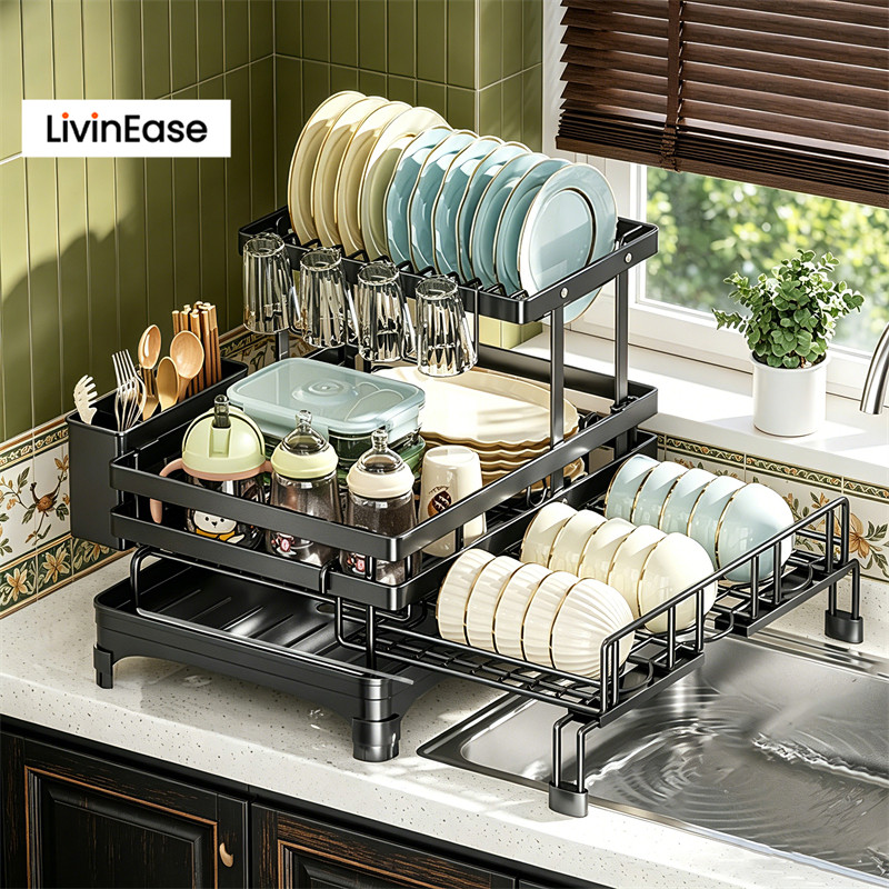 LivinEase ชั้นวางจานปรับระดับได้ พร้อมถาดระบายน้ำอัตโนมัติและที่ยึดตะเกียบแบบถอดได้