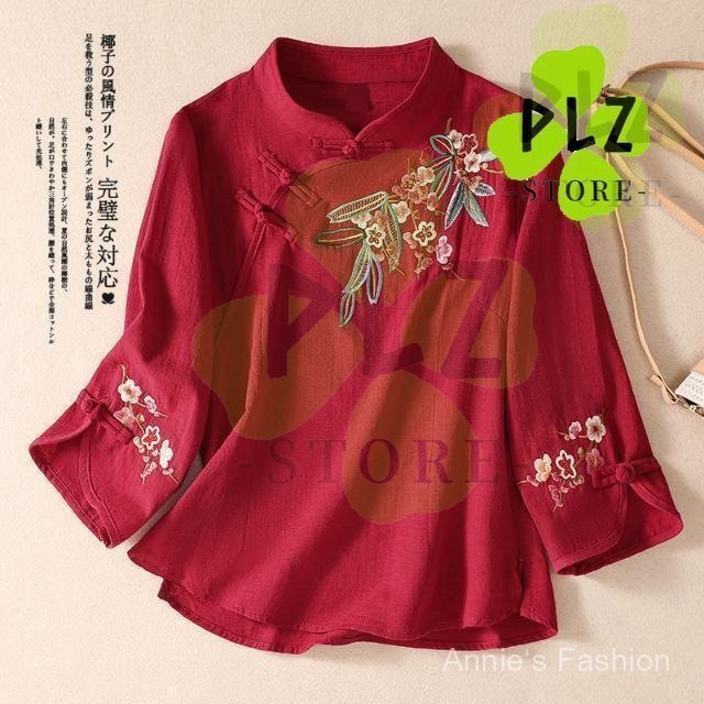中国风 上衣 女 服 中式 top Hanfu Top Qipao เสื้อ CNY สไตล์ชาติพันธุ์ Plus ขนาดผ้าฝ้ายผ้าลินิน Hanfu Top พร้อม